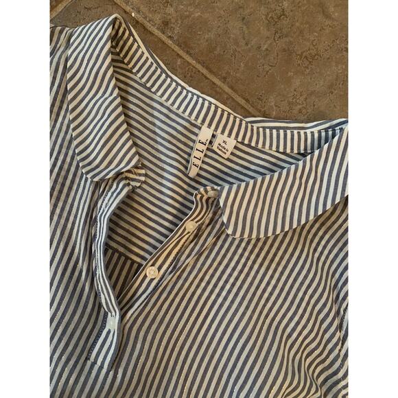 Elle XL Sheer Blue White Stripe Collar Pullover Tank Top Gold Thread Zip Side - Picture 5 of 9